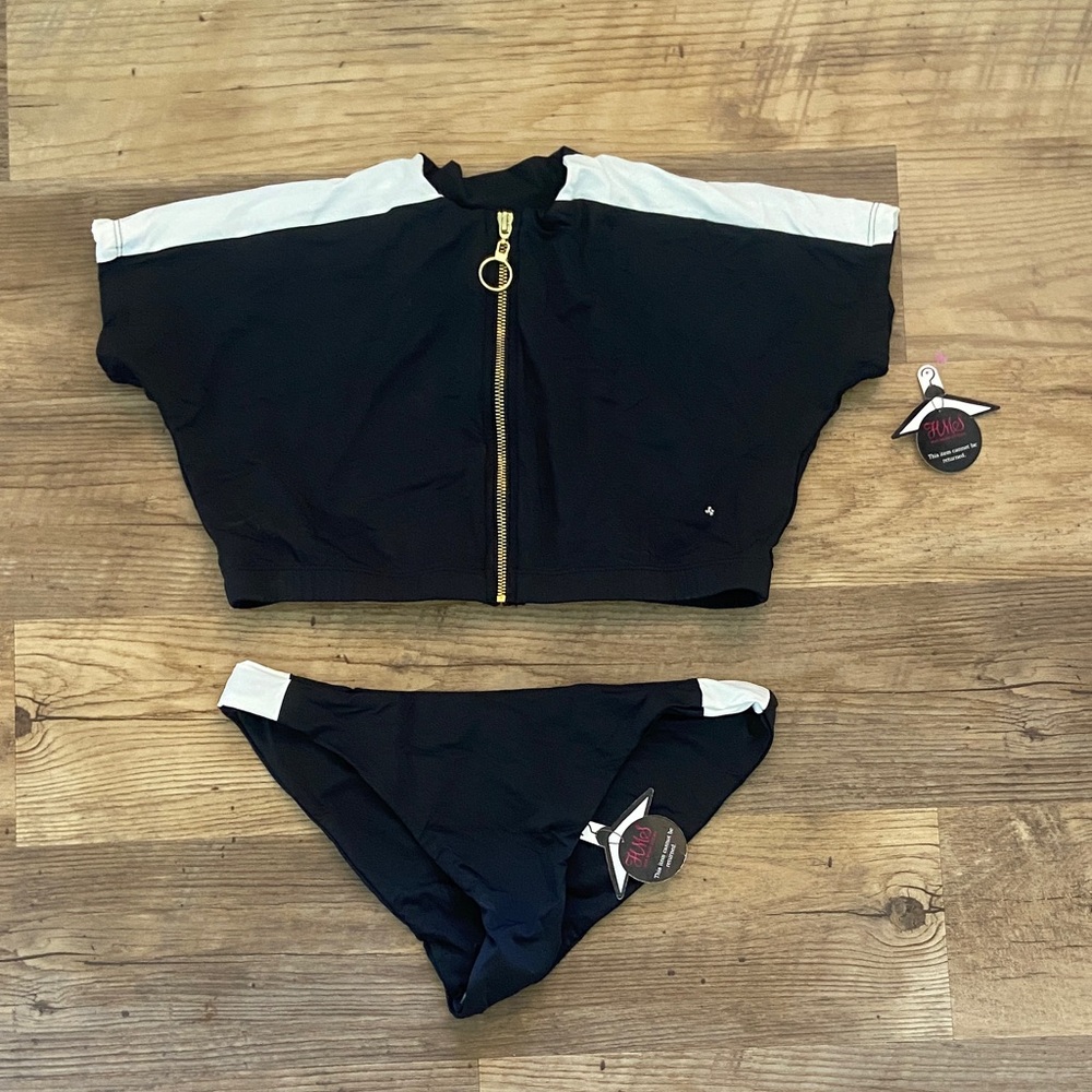 Black & White Zip-Front Bikini Set - Sporty Crop Top
